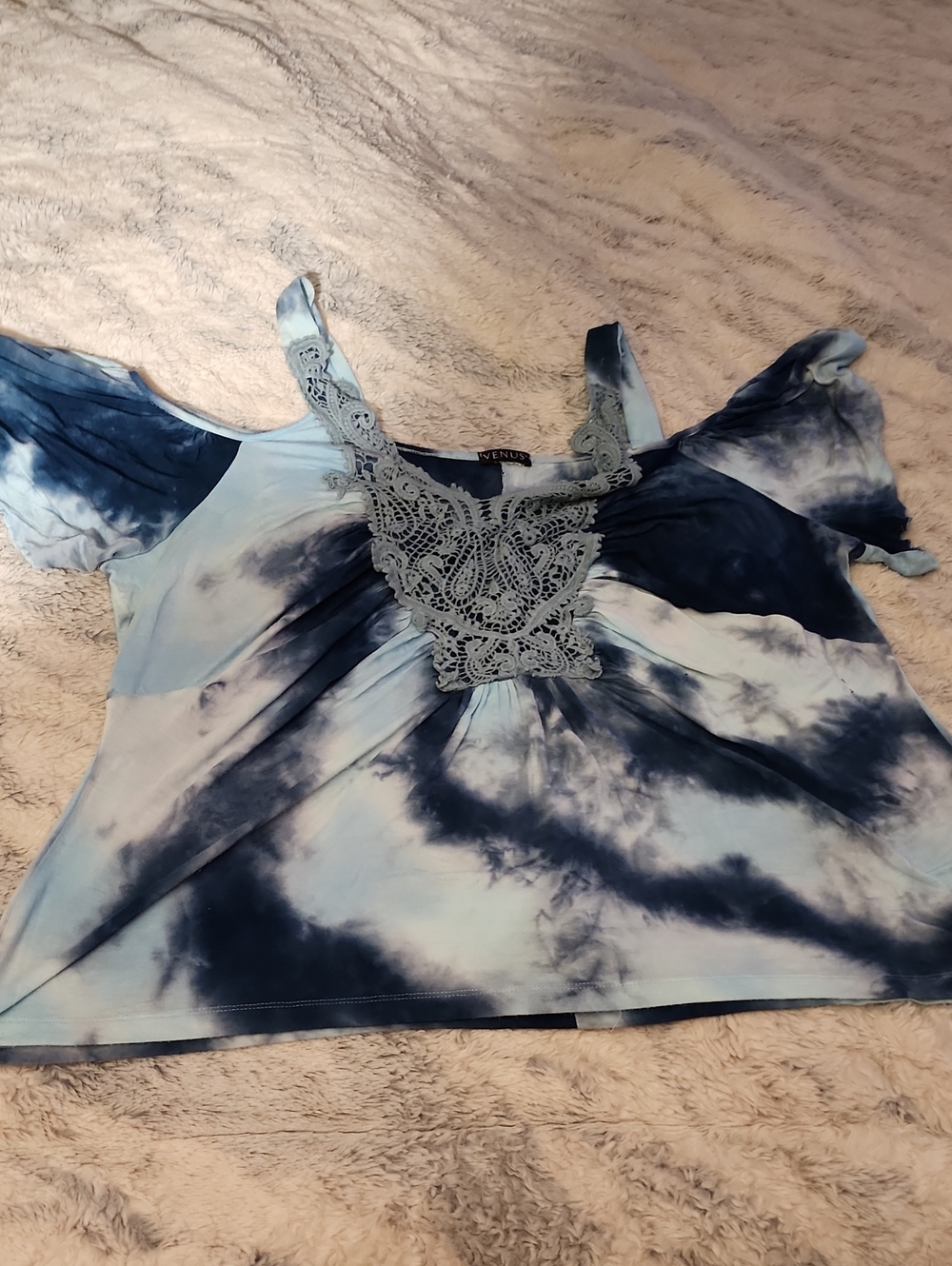 VENUS Blue Tie-Dye Cold Shoulder Tank with Crochet Yoke